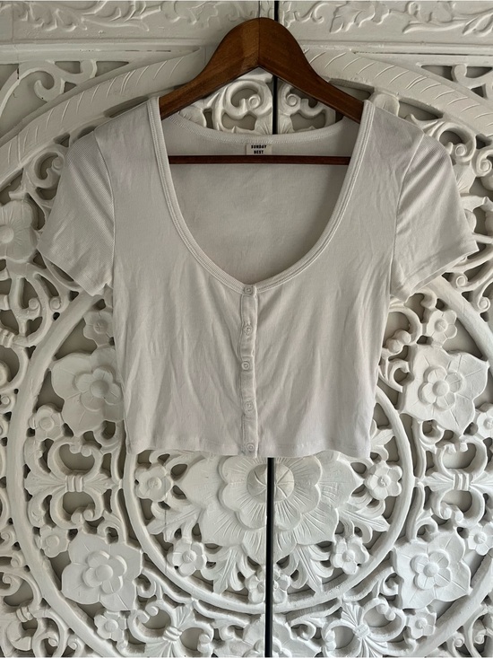 Sunday Best Tops - Sunday Best Ribbed Button Front Cropped Tee White Size Small